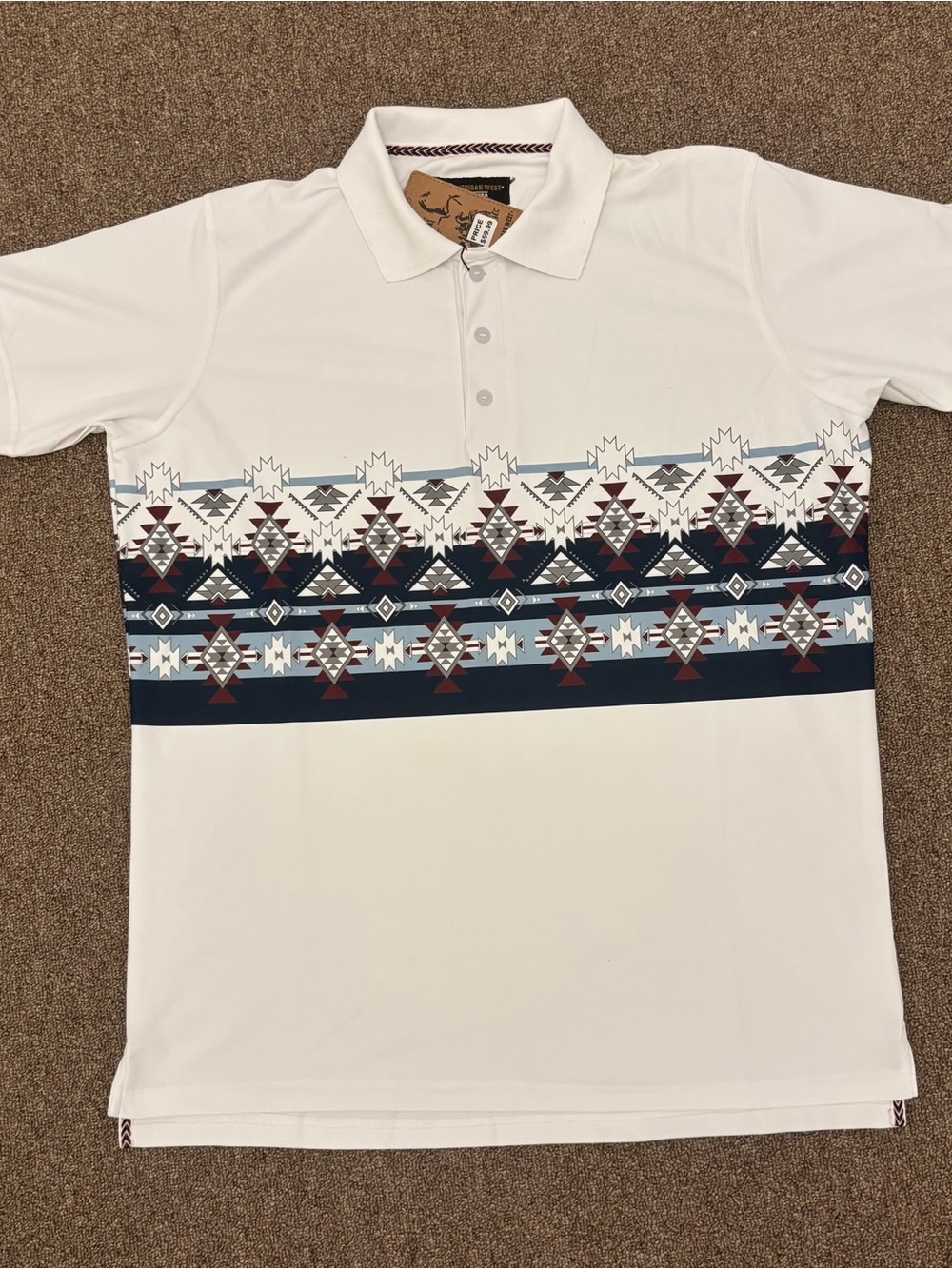 American West White Polo with Navy and Maroon Aztec Stripe